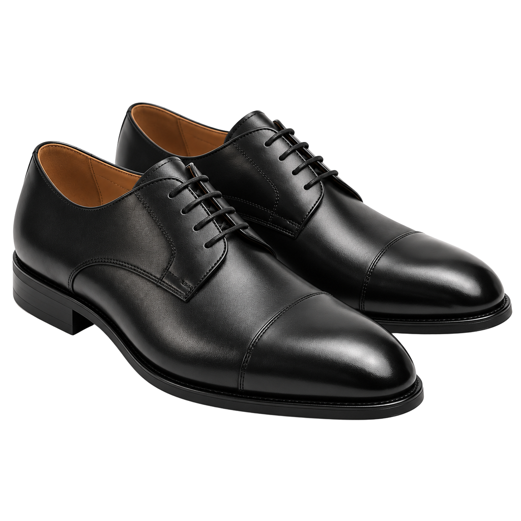 Polished Black Leather Cap-Toe Derby Shoes | Rivenor Velow