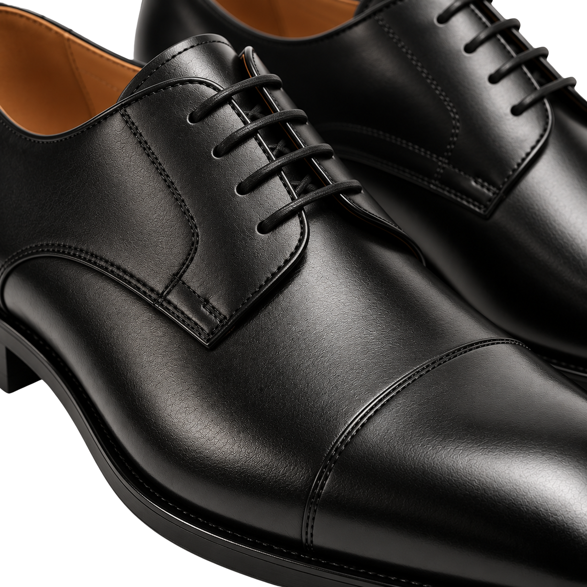 Polished Black Leather Cap-Toe Derby Shoes | Rivenor Velow