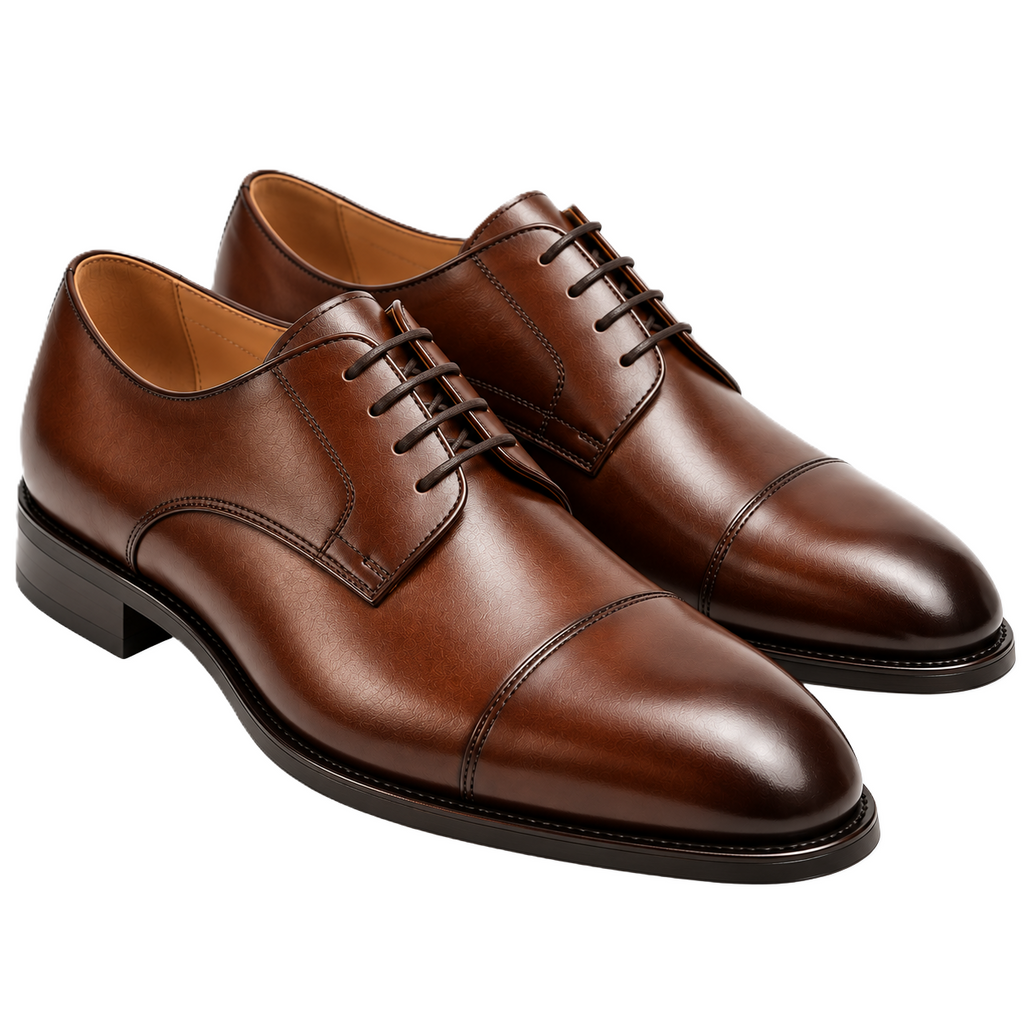 Polished Cognac Leather Cap-Toe Derby Shoes | Rivenor Velow