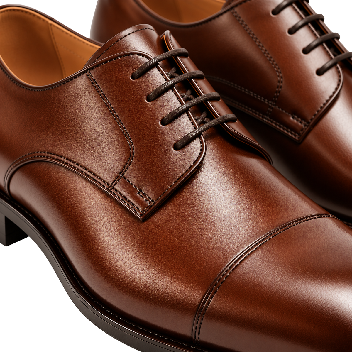Polished Cognac Leather Cap-Toe Derby Shoes | Rivenor Velow